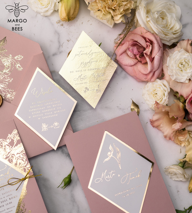Luxory gold Wedding Invitations,  Vinatge Roses Elegant Wedding Stationery,  Pink Elegant Wedding Invitations Suite-56