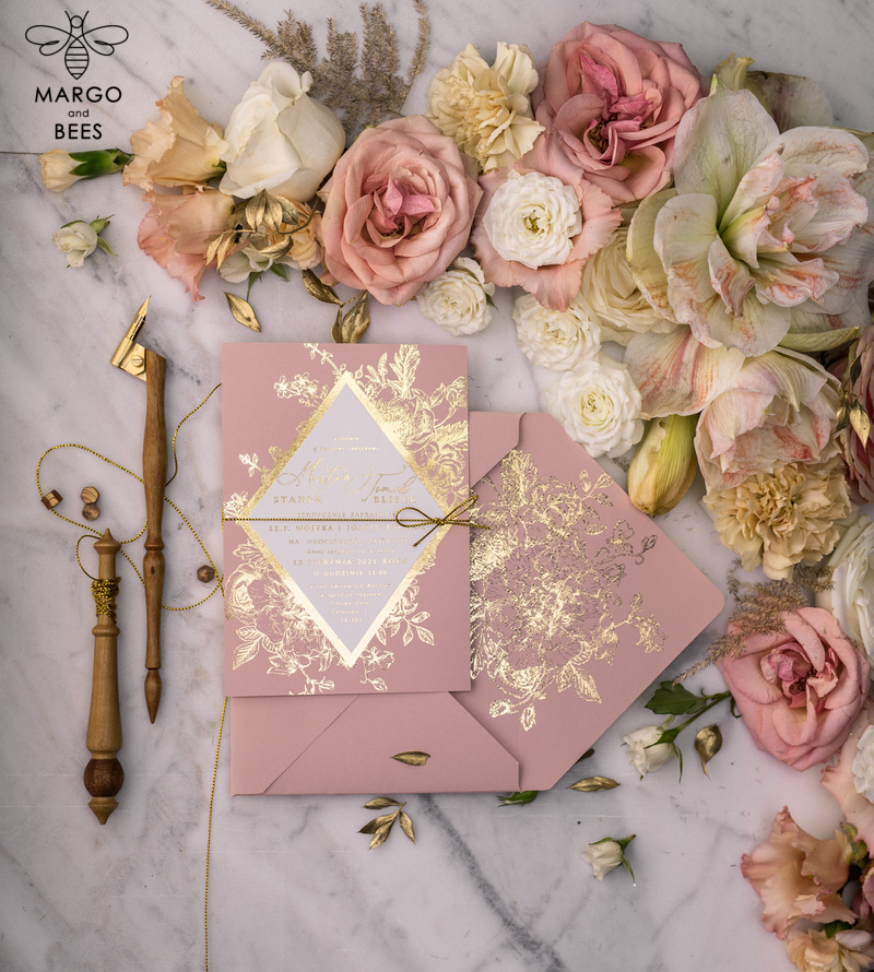 Luxory gold Wedding Invitations,  Vinatge Roses Elegant Wedding Stationery,  Pink Elegant Wedding Invitations Suite-57