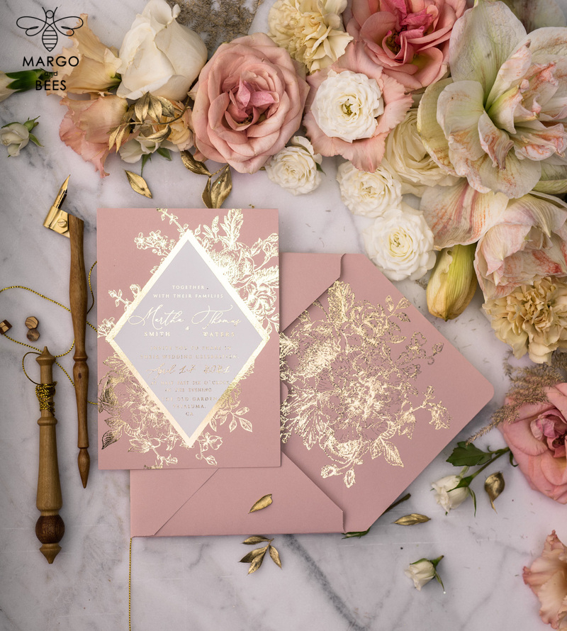 Luxory gold Wedding Invitations,  Vinatge Roses Elegant Wedding Stationery,  Pink Elegant Wedding Invitations Suite-58