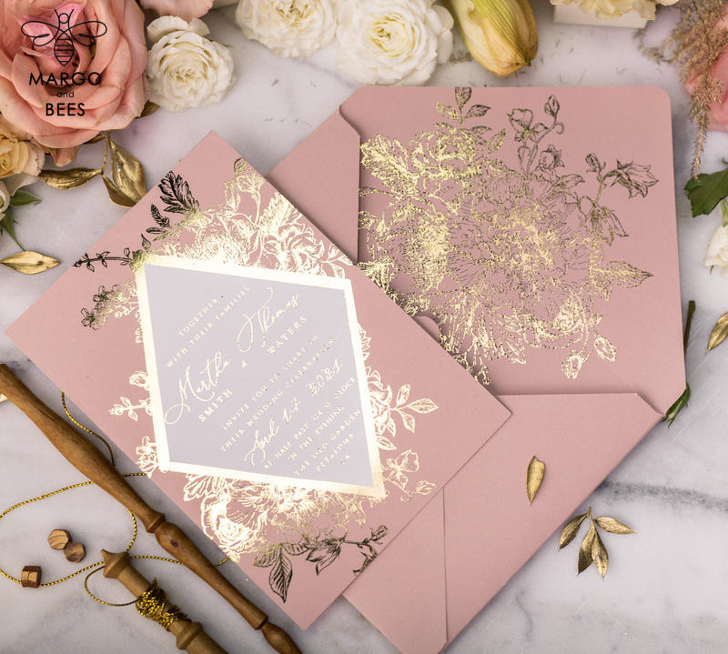 Luxory gold Wedding Invitations,  Vinatge Roses Elegant Wedding Stationery,  Pink Elegant Wedding Invitations Suite-59