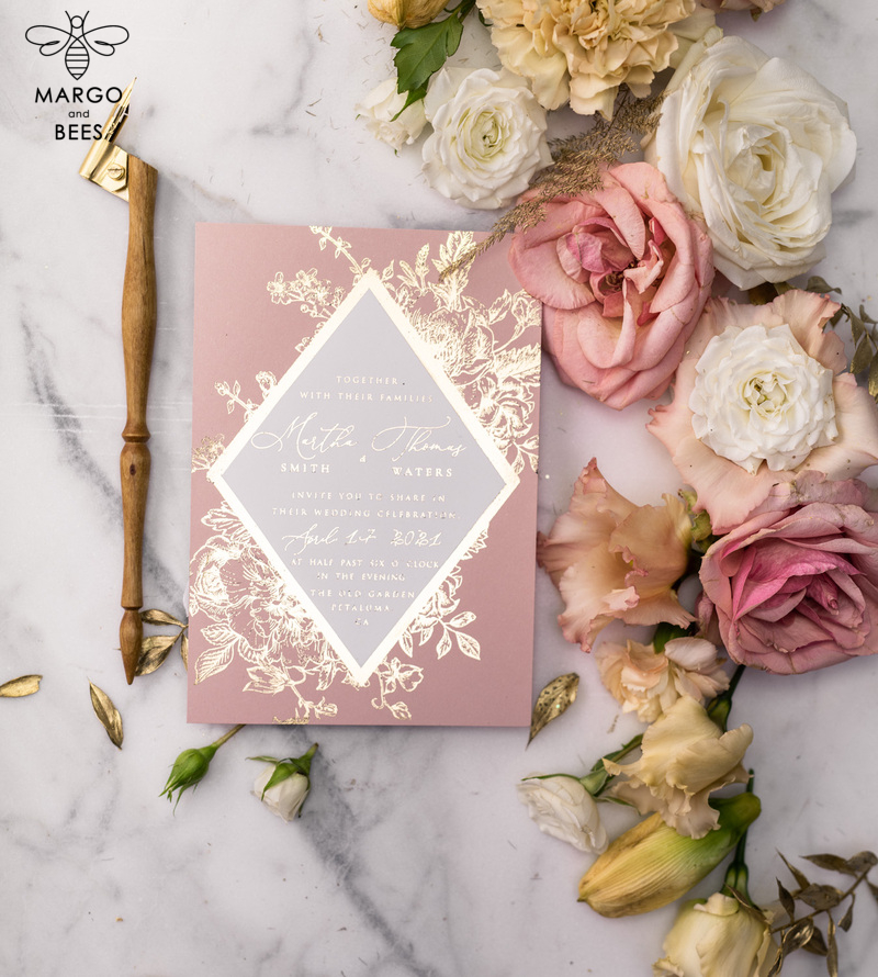 Luxory gold Wedding Invitations,  Vinatge Roses Elegant Wedding Stationery,  Pink Elegant Wedding Invitations Suite-60