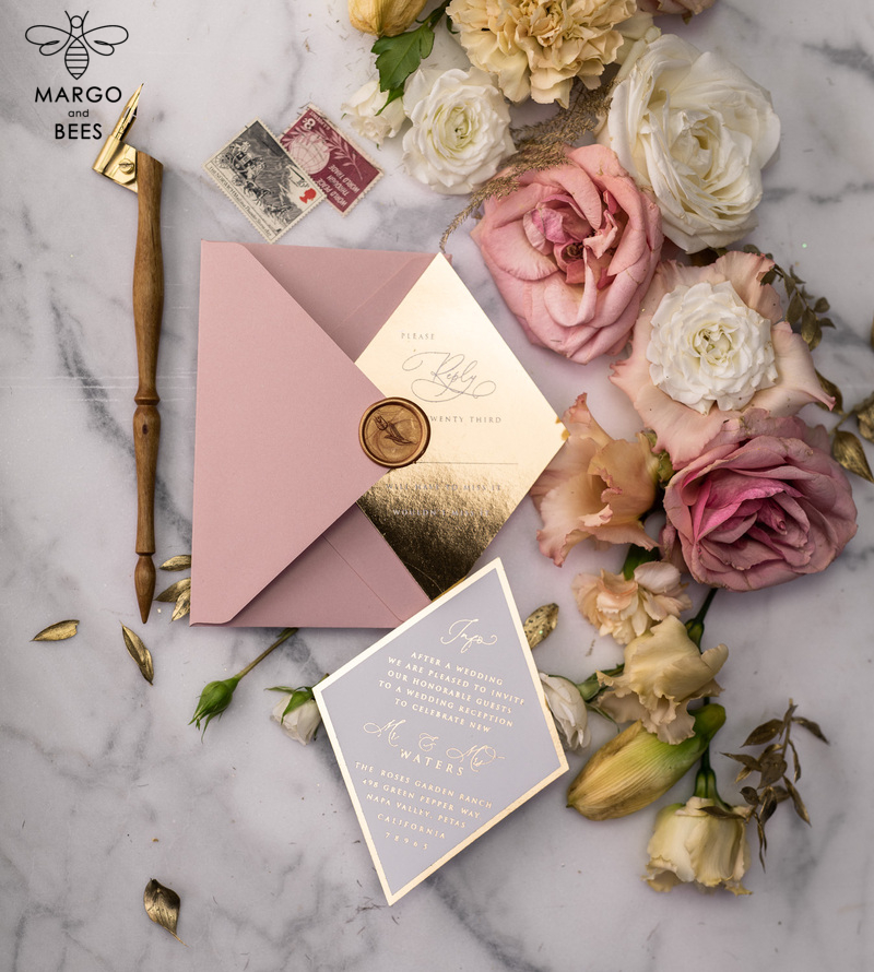 Luxory gold Wedding Invitations,  Vinatge Roses Elegant Wedding Stationery,  Pink Elegant Wedding Invitations Suite-61