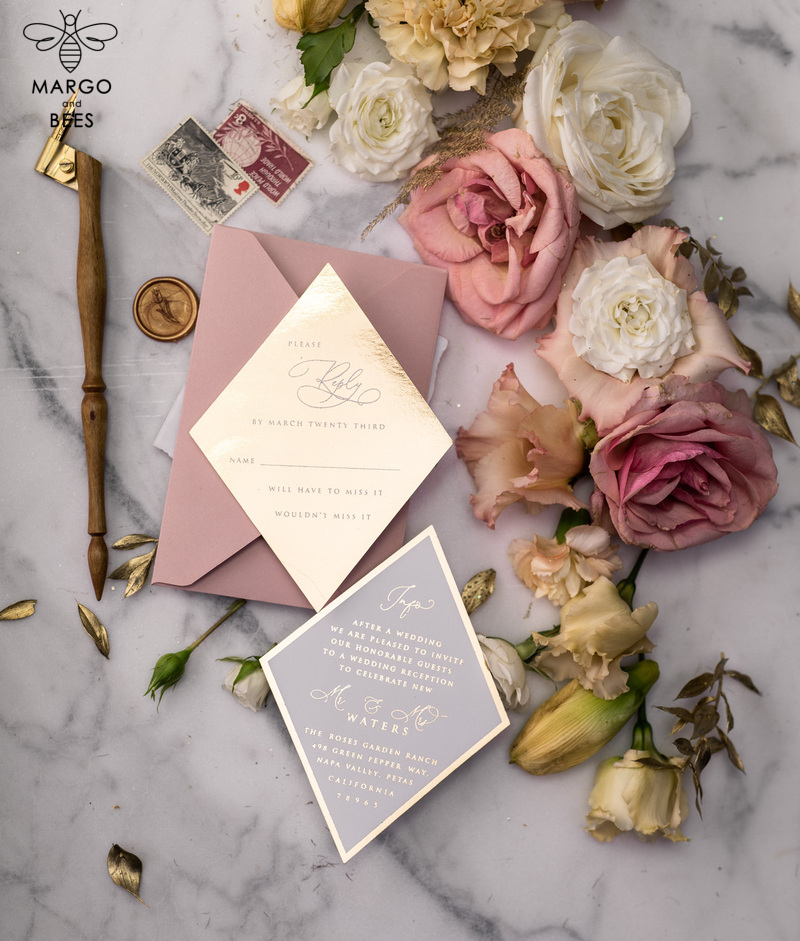 Luxory gold Wedding Invitations,  Vinatge Roses Elegant Wedding Stationery,  Pink Elegant Wedding Invitations Suite-62