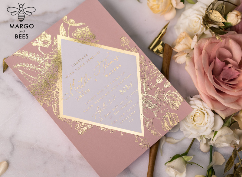 Luxory gold Wedding Invitations,  Vinatge Roses Elegant Wedding Stationery,  Pink Elegant Wedding Invitations Suite-8