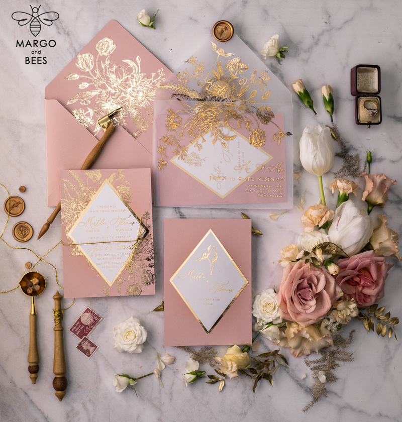 Luxory gold Wedding Invitations,  Vinatge Roses Elegant Wedding Stationery,  Pink Elegant Wedding Invitations Suite-0