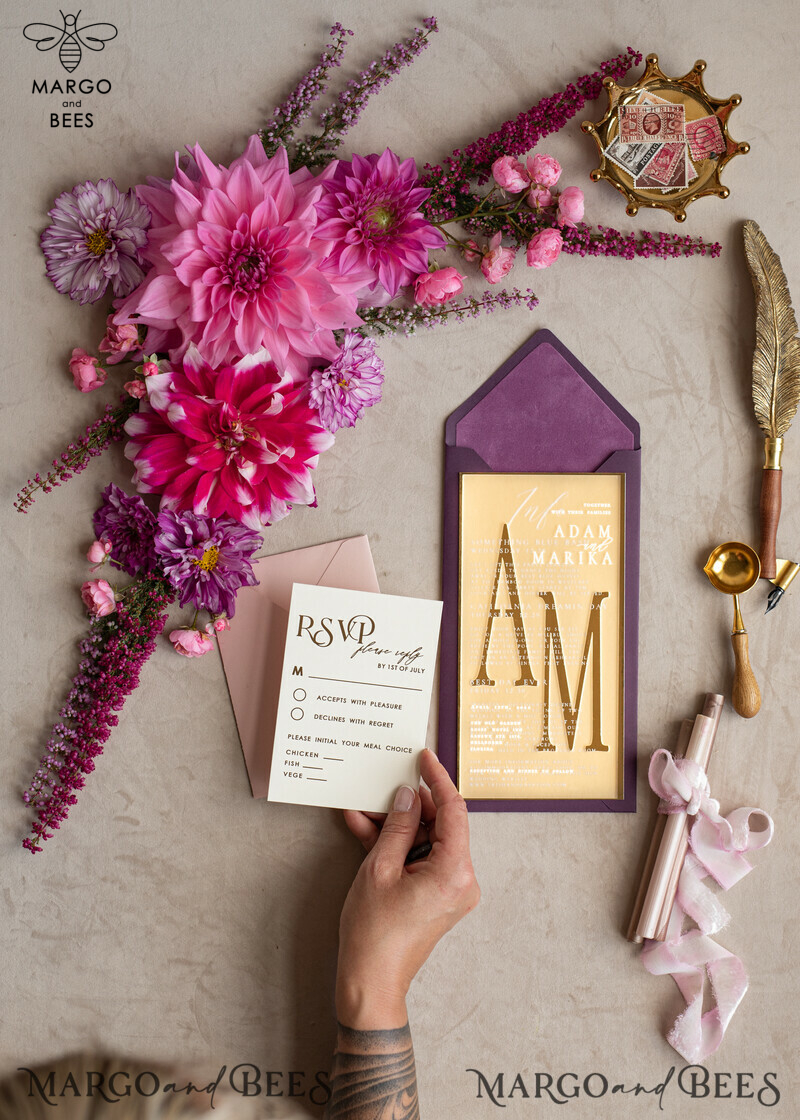 Acrylic Frozen Wedding Invitation Suite: Boho Glam with a Golden Shine - Elegant Gold Wedding Cards-2
