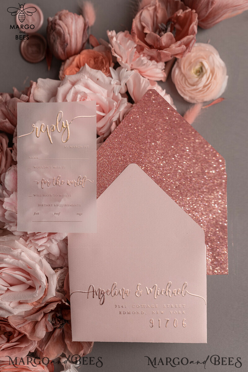 Luxury Rose Gold Wedding Invitations, Glamour Pink Glitter Wedding Invites, Elegant White Vellum Wedding Cards, Romantic Blush Pink Wedding Invitation Suite-11