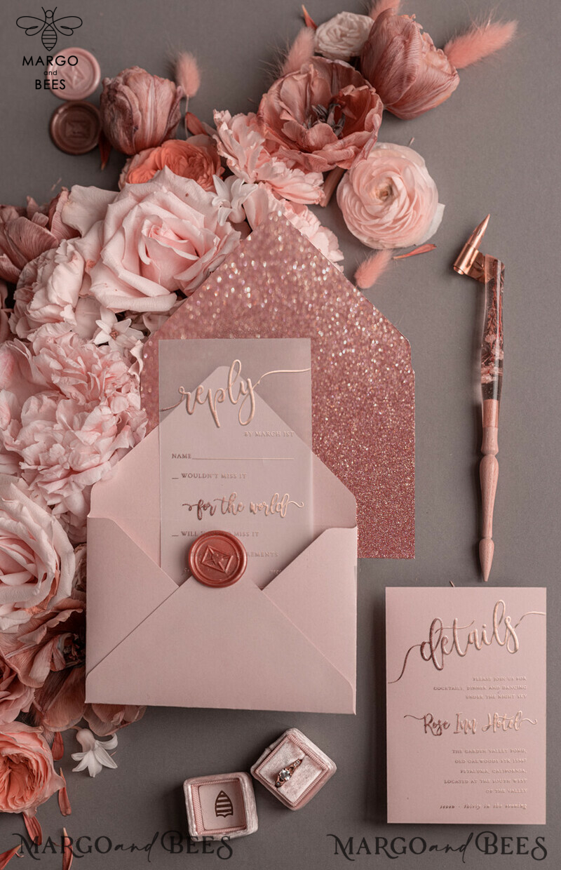 Luxury Rose Gold Wedding Invitations, Glamour Pink Glitter Wedding Invites, Elegant White Vellum Wedding Cards, Romantic Blush Pink Wedding Invitation Suite-12