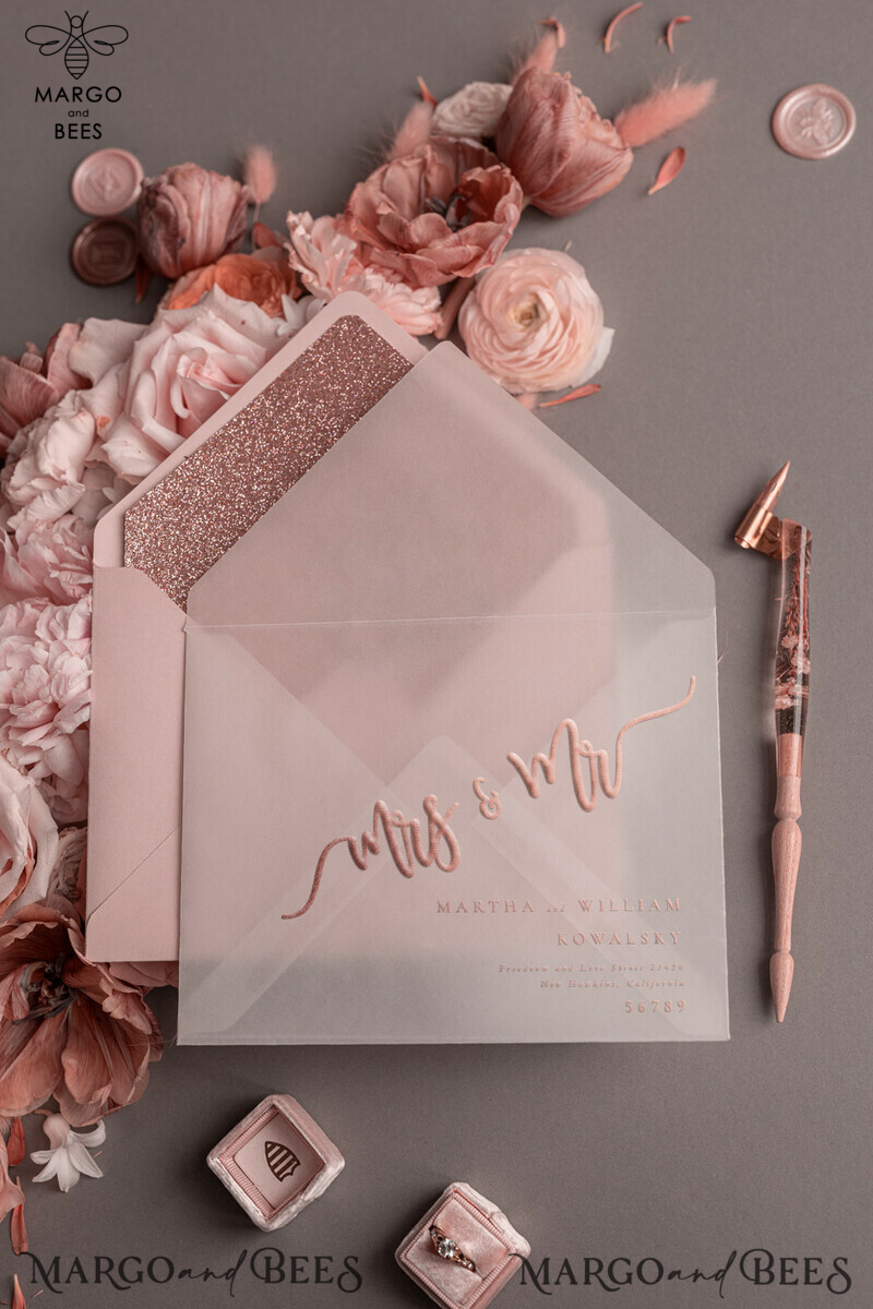 Bespoke wedding invitations, Rose Gold Vellum Wedding Invitation Suite, Blush Pink and Glamour Glitter Wedding Stationery  -14