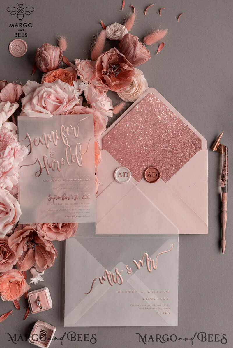 Luxury Rose Gold Wedding Invitations, Glamour Pink Glitter Wedding Invites, Elegant White Vellum Wedding Cards, Romantic Blush Pink Wedding Invitation Suite-15