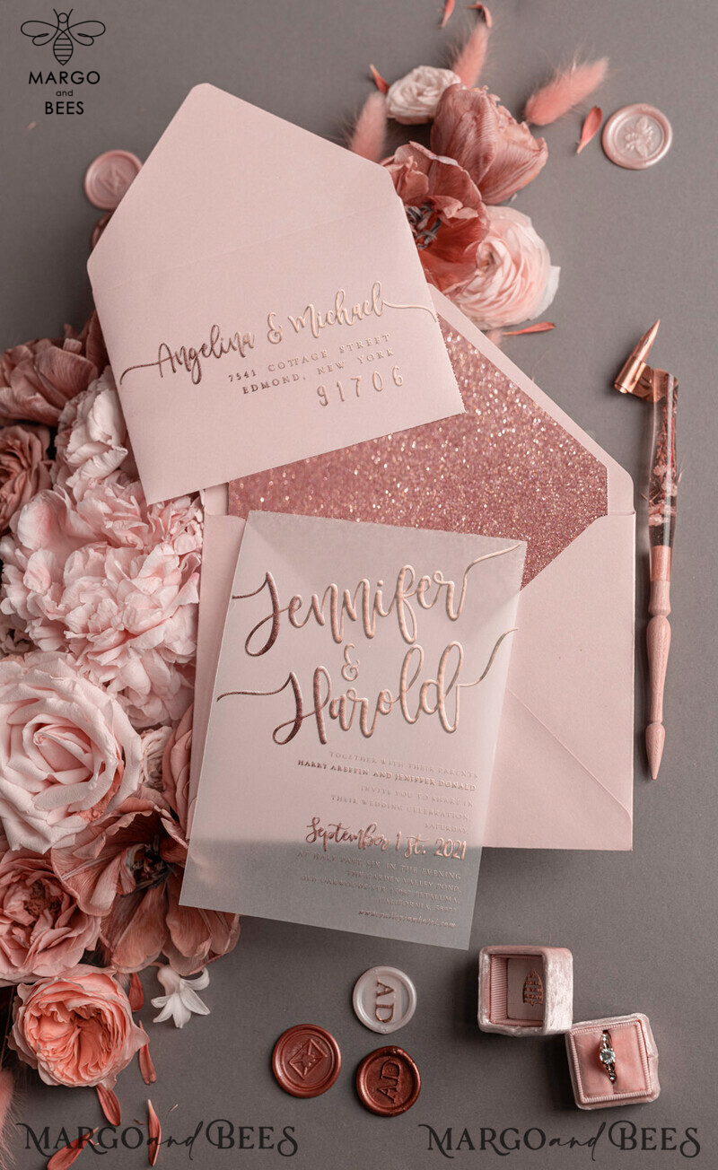 Luxury Rose Gold Wedding Invitations, Glamour Pink Glitter Wedding Invites, Elegant White Vellum Wedding Cards, Romantic Blush Pink Wedding Invitation Suite-16