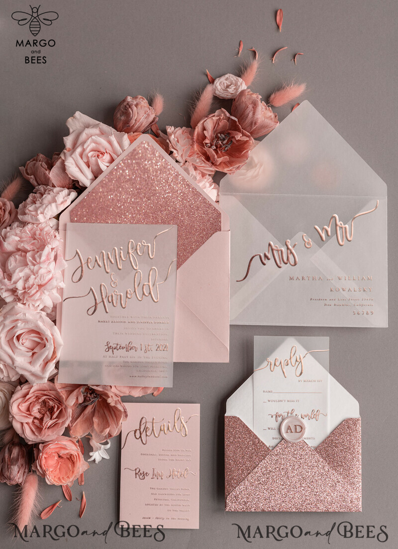 Luxury Rose Gold Wedding Invitations, Glamour Pink Glitter Wedding Invites, Elegant White Vellum Wedding Cards, Romantic Blush Pink Wedding Invitation Suite-19