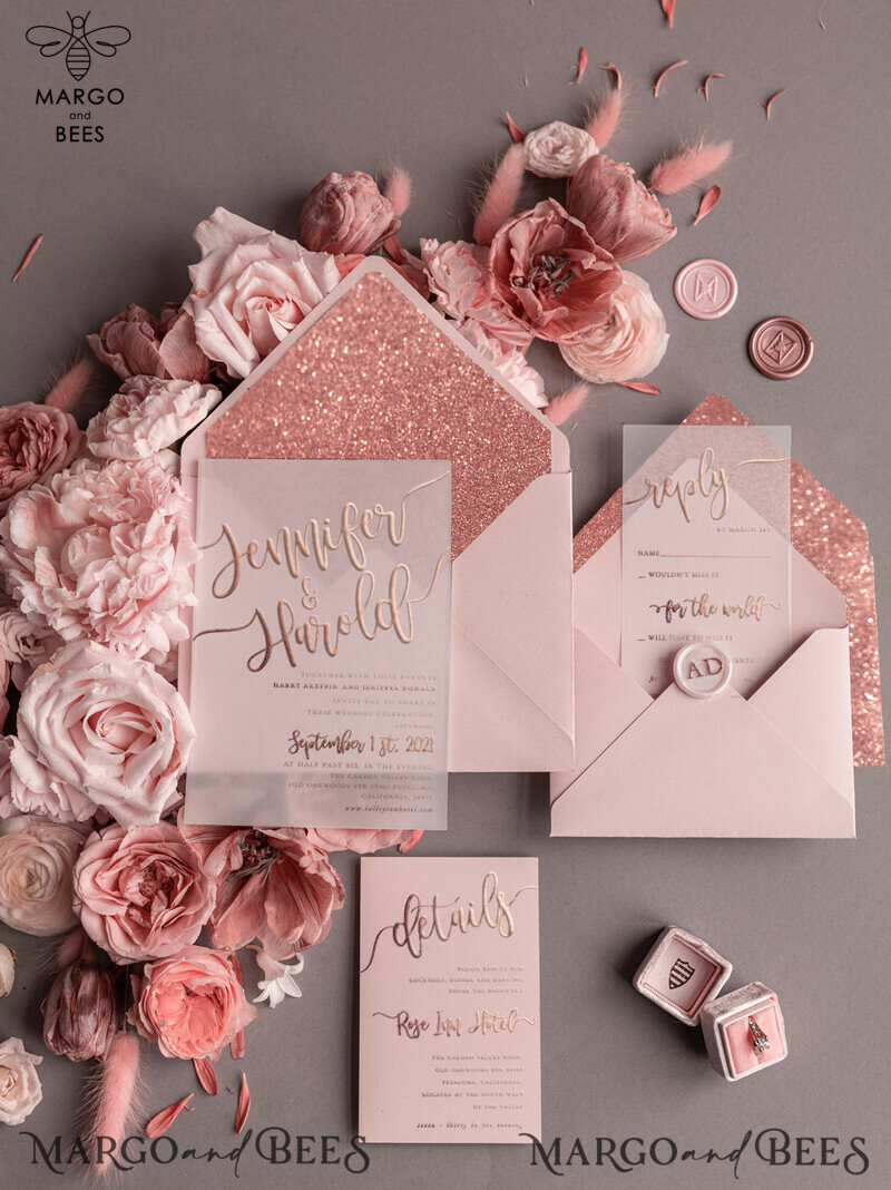 Luxury Rose Gold Wedding Invitations, Glamour Pink Glitter Wedding Invites, Elegant White Vellum Wedding Cards, Romantic Blush Pink Wedding Invitation Suite-24