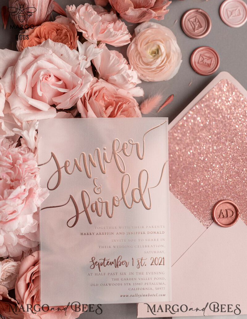 Luxury Rose Gold Wedding Invitations, Glamour Pink Glitter Wedding Invites, Elegant White Vellum Wedding Cards, Romantic Blush Pink Wedding Invitation Suite-3