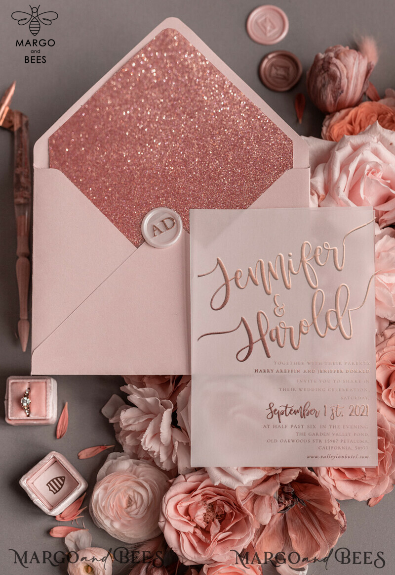 Luxury Rose Gold Wedding Invitations, Glamour Pink Glitter Wedding Invites, Elegant White Vellum Wedding Cards, Romantic Blush Pink Wedding Invitation Suite-7