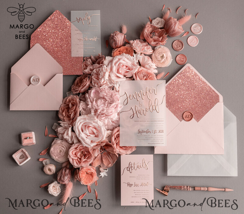 Bespoke wedding invitations, Rose Gold Vellum Wedding Invitation Suite, Blush Pink and Glamour Glitter Wedding Stationery  -8