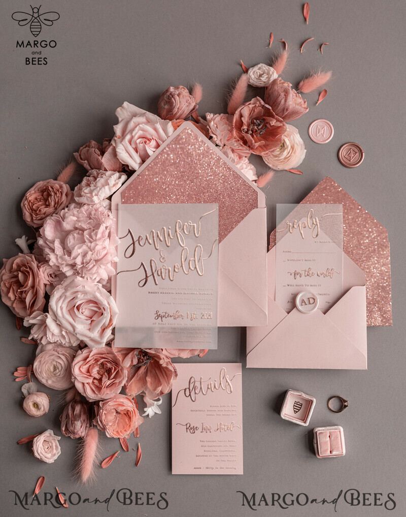 Luxury Rose Gold Wedding Invitations, Glamour Pink Glitter Wedding Invites, Elegant White Vellum Wedding Cards, Romantic Blush Pink Wedding Invitation Suite-0