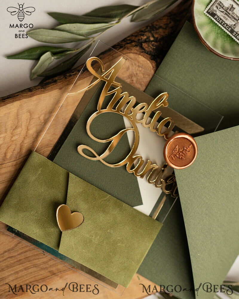 Handmade wedding invitation, Glamor Acrylic Wedding Invitations, olive green Velvet Wedding Invitation Suite • Luxury Wedding Cards-3