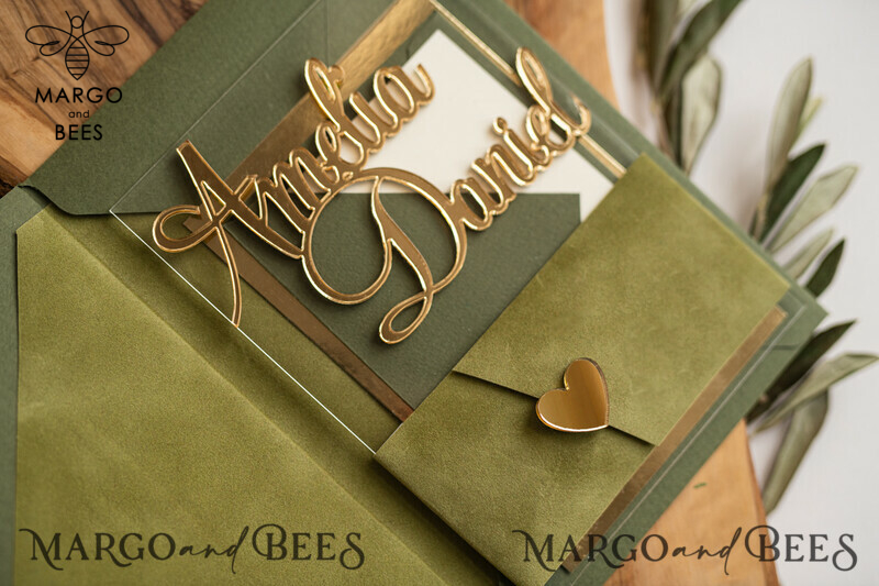 Handmade wedding invitation, Glamor Acrylic Wedding Invitations, olive green Velvet Wedding Invitation Suite • Luxury Wedding Cards-4