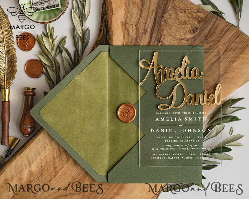 Handmade wedding invitation, Glamor Acrylic Wedding Invitations, olive green Velvet Wedding Invitation Suite • Luxury Wedding Cards-2