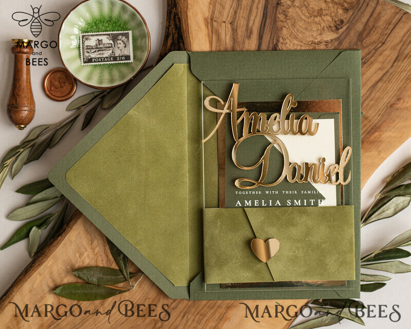 Handmade wedding invitation, Glamor Acrylic Wedding Invitations, olive green Velvet Wedding Invitation Suite • Luxury Wedding Cards-1