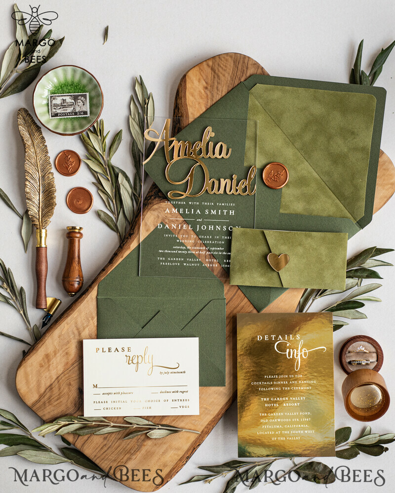 Handmade wedding invitation, Glamor Acrylic Wedding Invitations, olive green Velvet Wedding Invitation Suite • Luxury Wedding Cards-0