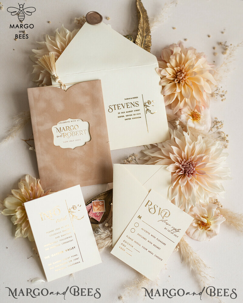 Luxury Wedding Cards: Elegant Gold Tassel Wedding Invitations with Custom Velvet Cream Pocket – Gold Wedding Invitation Suite-15