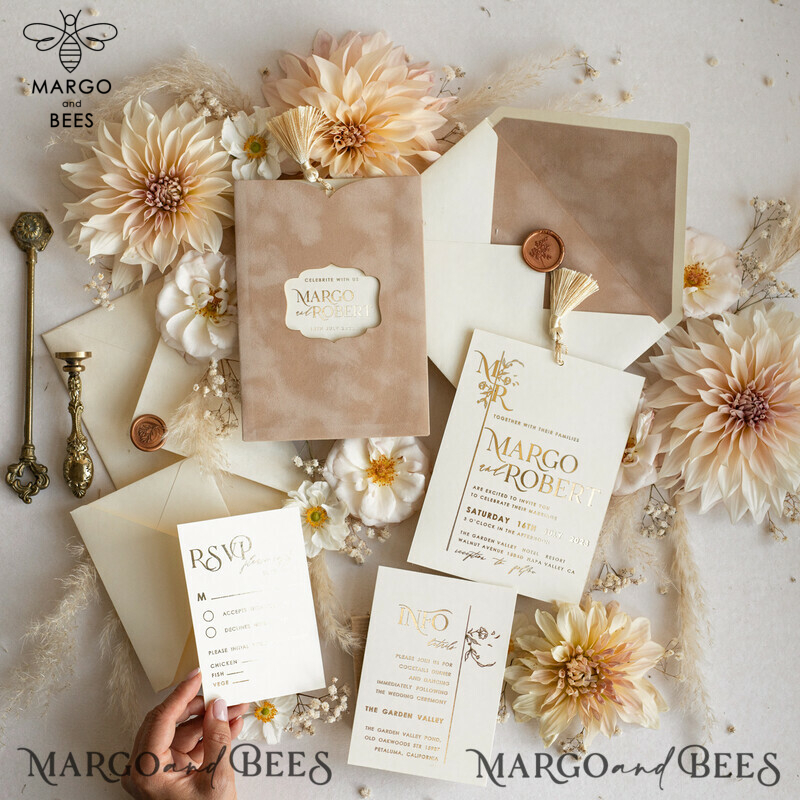 Luxury Wedding Cards: Elegant Gold Tassel Wedding Invitations with Custom Velvet Cream Pocket – Gold Wedding Invitation Suite-20