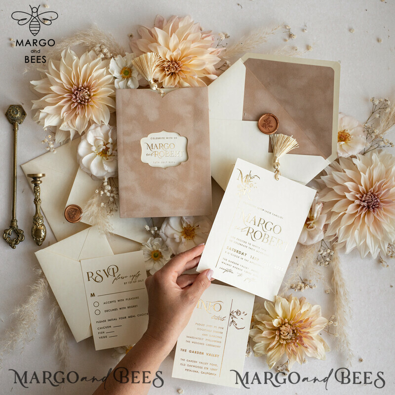 Luxury Wedding Cards: Elegant Gold Tassel Wedding Invitations with Custom Velvet Cream Pocket – Gold Wedding Invitation Suite-6