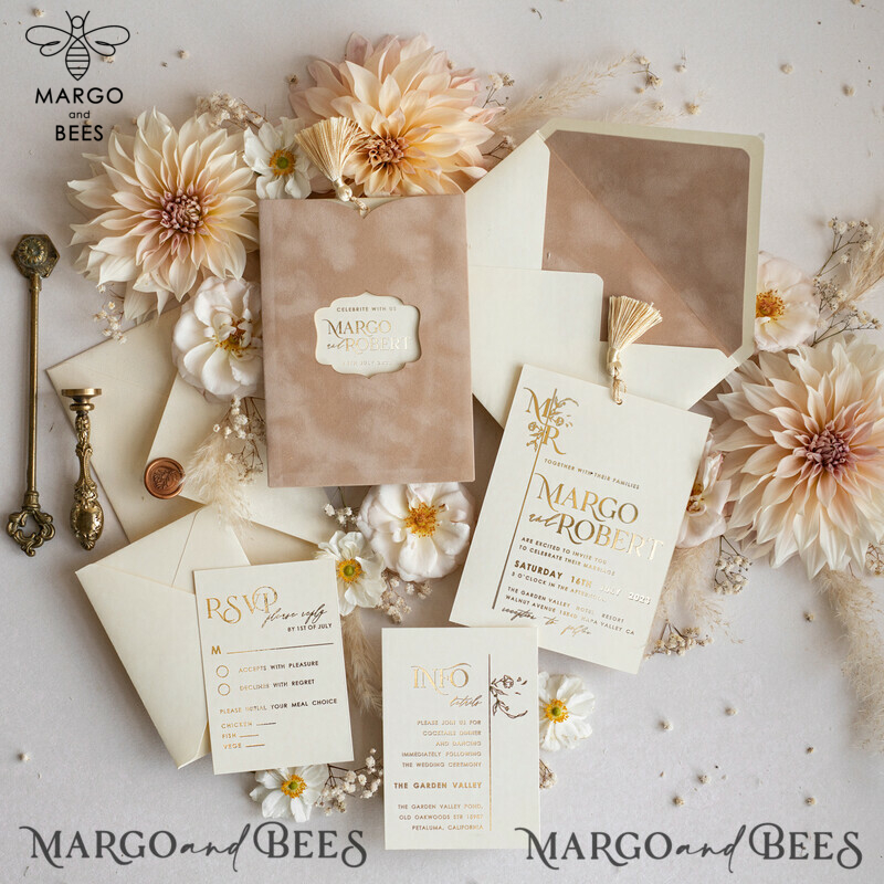 Luxury Wedding Cards: Elegant Gold Tassel Wedding Invitations with Custom Velvet Cream Pocket – Gold Wedding Invitation Suite-0