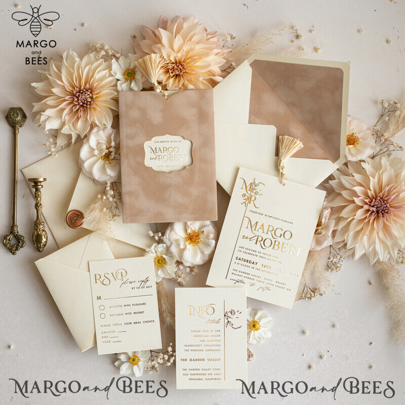 Luxury Wedding Cards: Elegant Gold Tassel Wedding Invitations with Custom Velvet Cream Pocket – Gold Wedding Invitation Suite-4