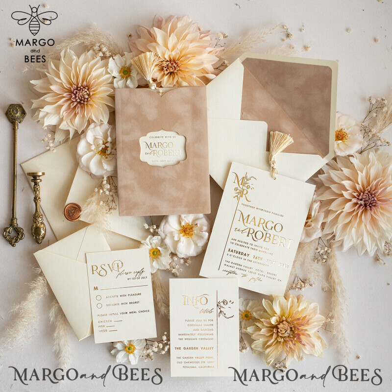 Luxury Wedding Cards: Elegant Gold Tassel Wedding Invitations with Custom Velvet Cream Pocket – Gold Wedding Invitation Suite-19