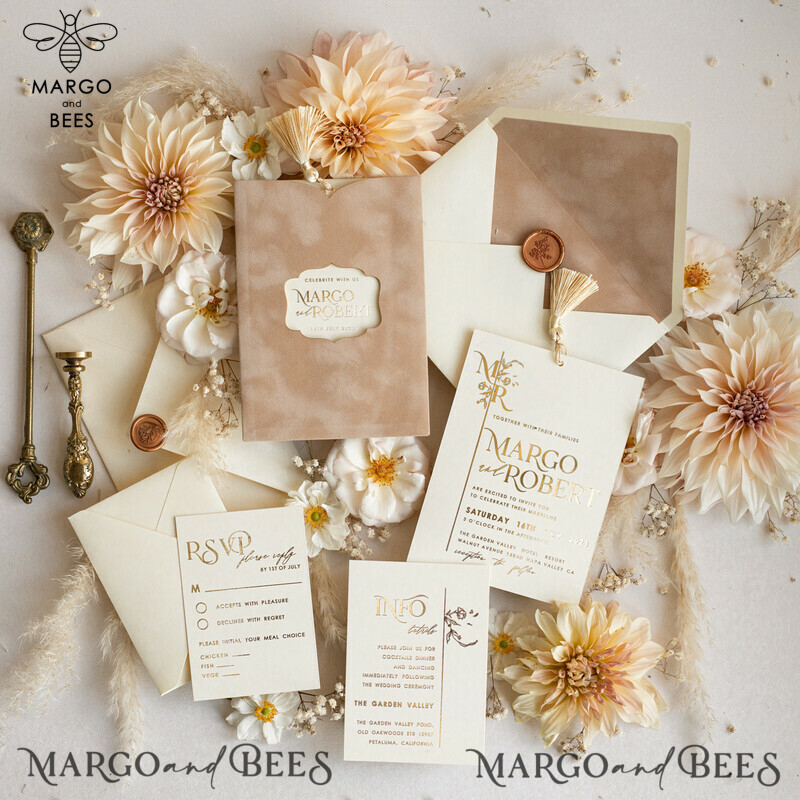 Luxury Wedding Cards: Elegant Gold Tassel Wedding Invitations with Custom Velvet Cream Pocket – Gold Wedding Invitation Suite-7