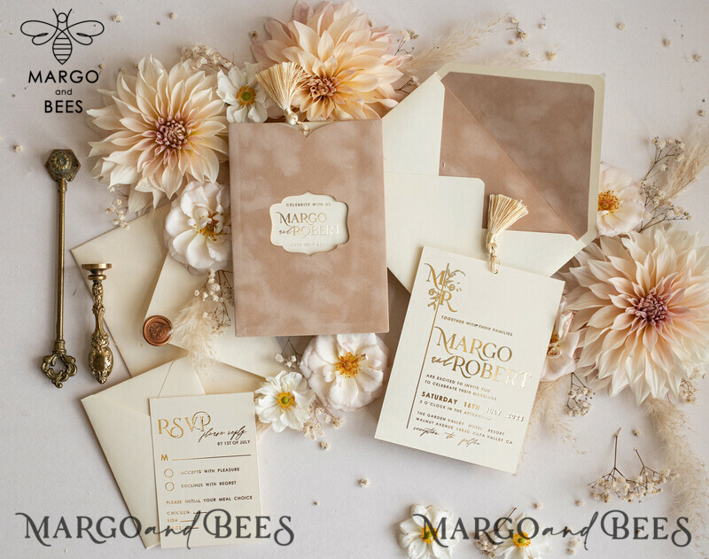 Luxury Wedding Cards: Elegant Gold Tassel Wedding Invitations with Custom Velvet Cream Pocket – Gold Wedding Invitation Suite-21
