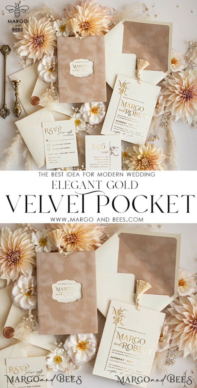 Luxury Wedding Cards: Elegant Gold Tassel Wedding Invitations with Custom Velvet Cream Pocket – Gold Wedding Invitation Suite-3