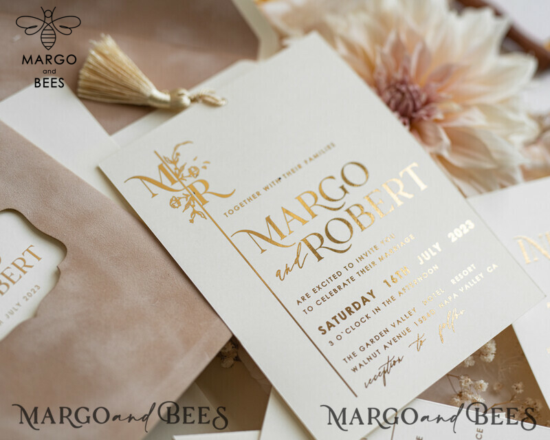 Luxury Wedding Cards: Elegant Gold Tassel Wedding Invitations with Custom Velvet Cream Pocket – Gold Wedding Invitation Suite-22
