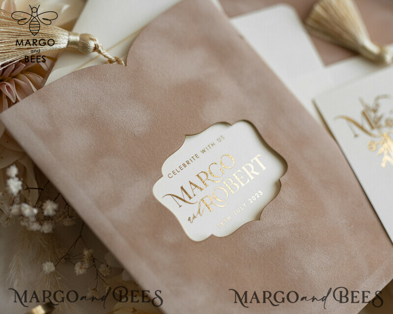 Luxury Wedding Cards: Elegant Gold Tassel Wedding Invitations with Custom Velvet Cream Pocket – Gold Wedding Invitation Suite-23