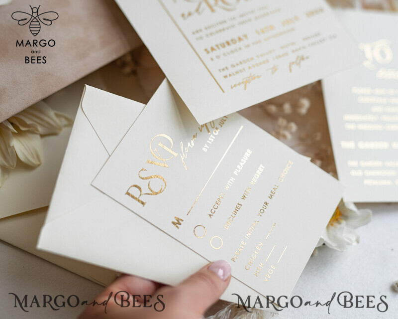 Luxury Wedding Cards: Elegant Gold Tassel Wedding Invitations with Custom Velvet Cream Pocket – Gold Wedding Invitation Suite-12
