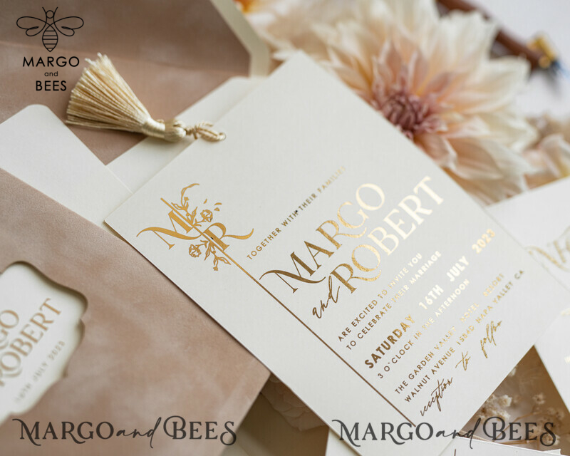 Luxury Wedding Cards: Elegant Gold Tassel Wedding Invitations with Custom Velvet Cream Pocket – Gold Wedding Invitation Suite-10