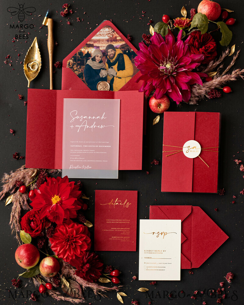 Acrylic Burgundy wedding invitations, Glamour Gold wedding invitations • Romantic Fall Wedding Invitation Suite • Maroon Golden Wedding Invites-0