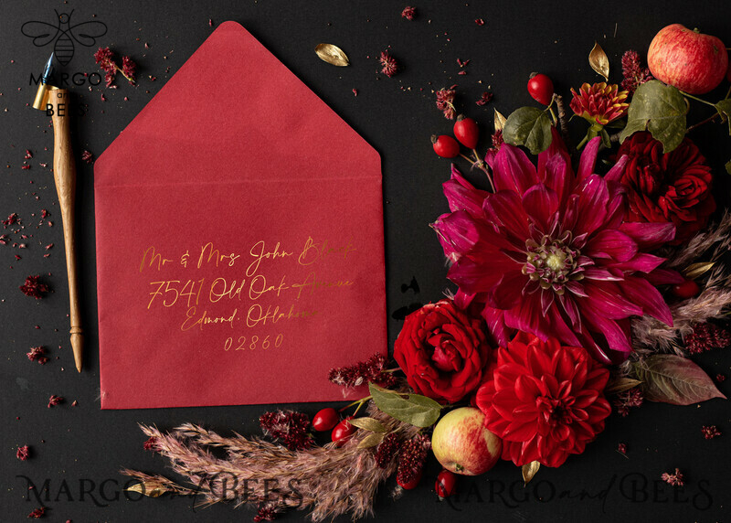 Acrylic Burgundy wedding invitations, Glamour Gold wedding invitations • Romantic Fall Wedding Invitation Suite • Maroon Golden Wedding Invites-4