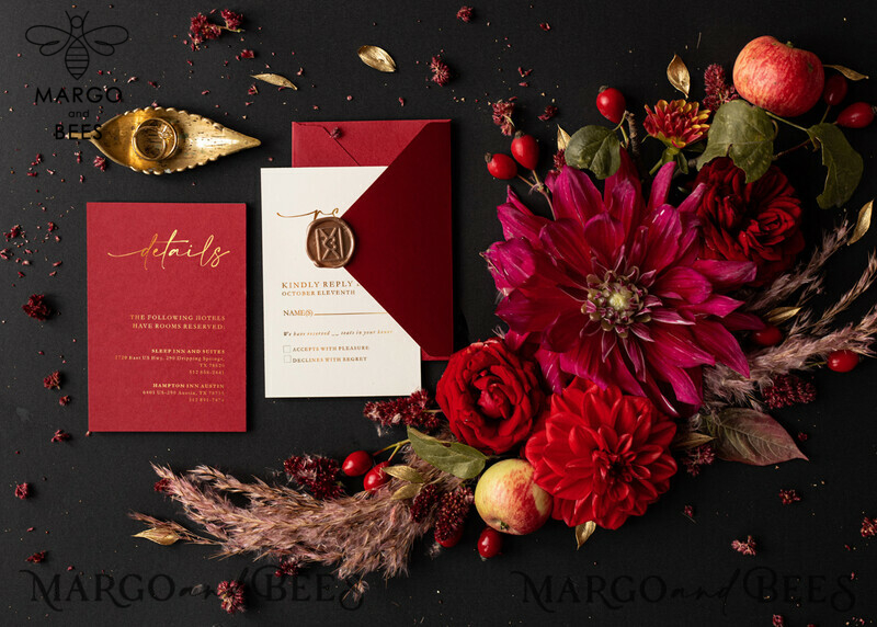 Acrylic Burgundy wedding invitations, Glamour Gold wedding invitations • Romantic Fall Wedding Invitation Suite • Maroon Golden Wedding Invites-5