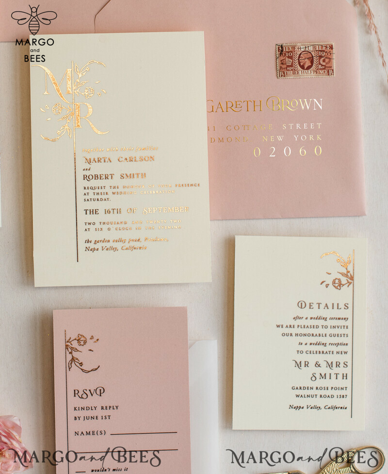 Bespoke Minimalistic Wedding Invitation Suite, Romantic Blush Pink Wedding Cards, Glamour Gold Foil Wedding Invitations, Luxury Wedding Stationery-4