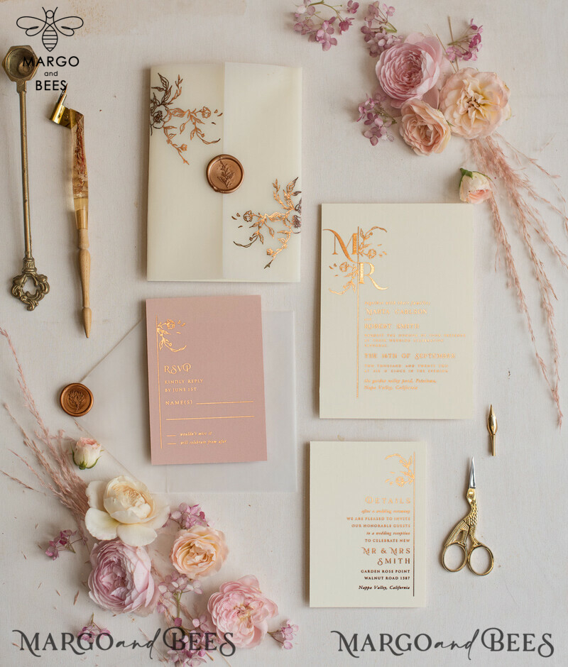 Bespoke Minimalistic Wedding Invitation Suite, Romantic Blush Pink Wedding Cards, Glamour Gold Foil Wedding Invitations, Luxury Wedding Stationery-5