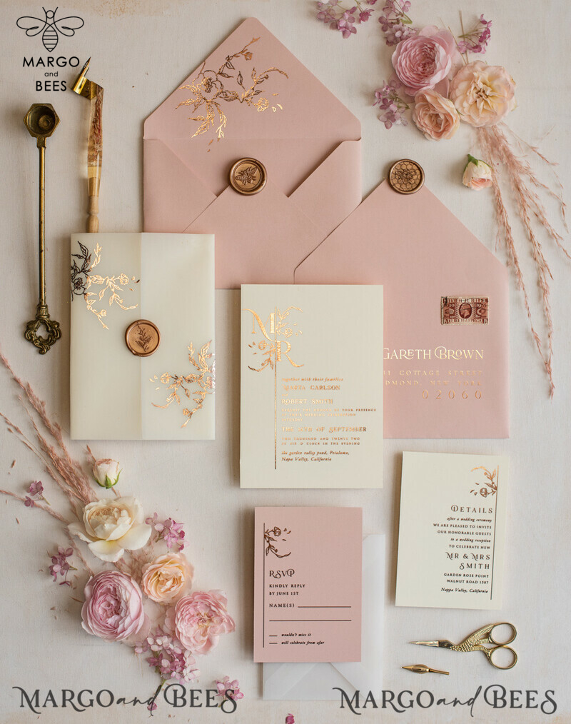 Bespoke Minimalistic Wedding Invitation Suite, Romantic Blush Pink Wedding Cards, Glamour Gold Foil Wedding Invitations, Luxury Wedding Stationery-6