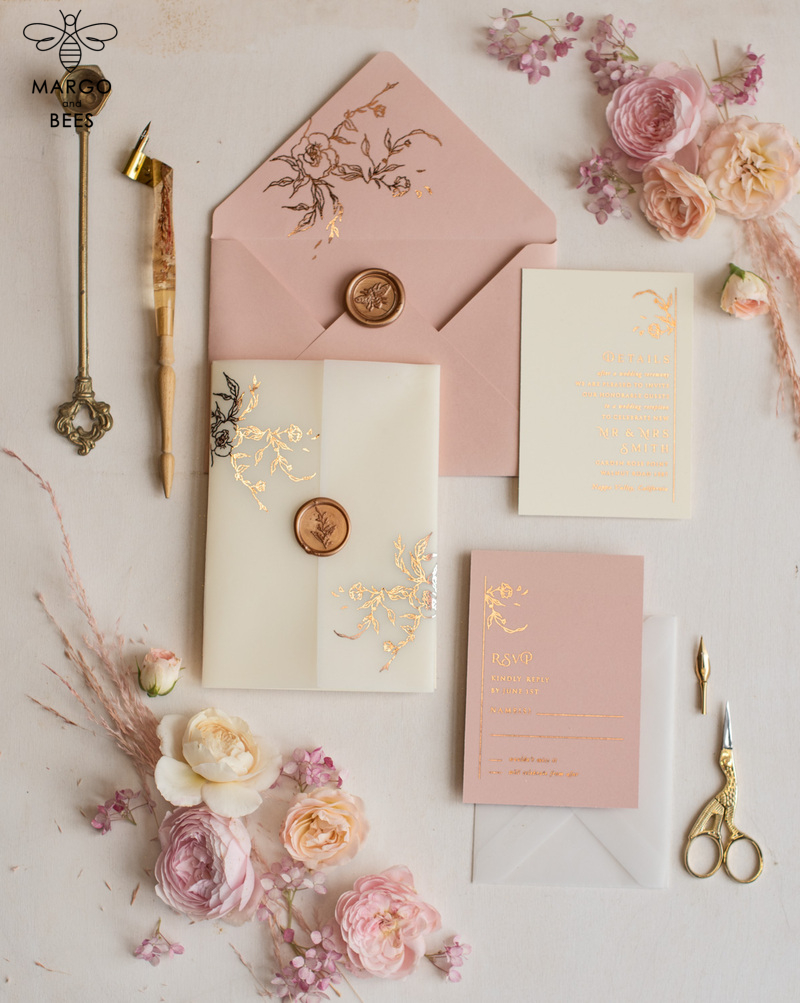 Elegant wedding invitations, glam gold rose gold wedding cards, cream fancy wedding invitiation suite-1