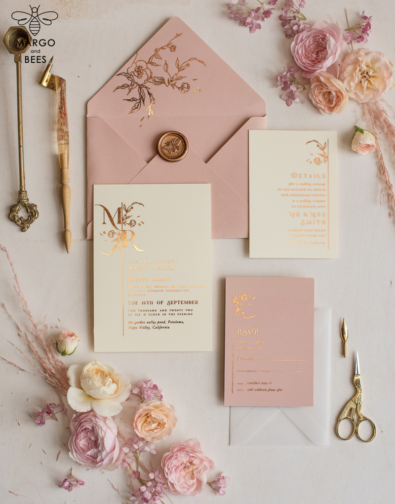 Elegant wedding invitations, glam gold rose gold wedding cards, cream fancy wedding invitiation suite-12