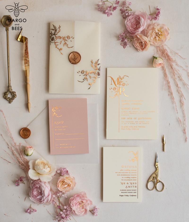 Elegant wedding invitations, glam gold rose gold wedding cards, cream fancy wedding invitiation suite-5