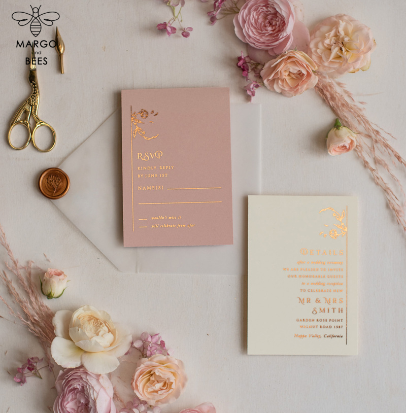 Elegant wedding invitations, glam gold rose gold wedding cards, cream fancy wedding invitiation suite-16