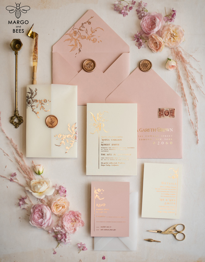 Elegant wedding invitations, glam gold rose gold wedding cards, cream fancy wedding invitiation suite-0